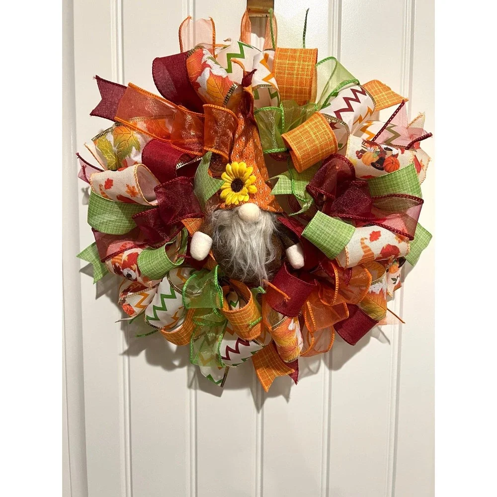 13 inch Ribbon Wreath Fall Autumn Thanksgiving Gnome MW6